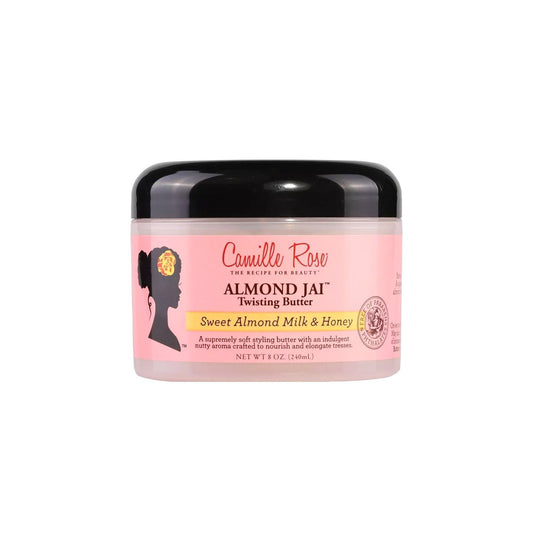 Camille Rose Almond Jai Styling Twisting Butter are black hair products for natural hair care. This all natural twisting butter for 4c hair is a treatment for dry curly hair and uses aloe vera juice for hair growth, Growth-stimulating biotin extracted from algae and mango butter for hair moisture. This twisting butter for natural hair can be used by women, children, and men with curly hair.