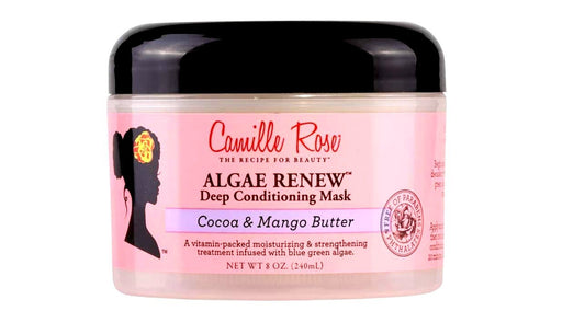 Camille Rose Algae Deep Conditioner are black hair products for natural hair care. This all natural conditioner is a treatment for dry curly hair and uses aloe vera juice for hair growth, Growth-stimulating biotin extracted from algae and mango butter for hair moisture. Deep conditioning treatment for women, children, and men with curly hair.